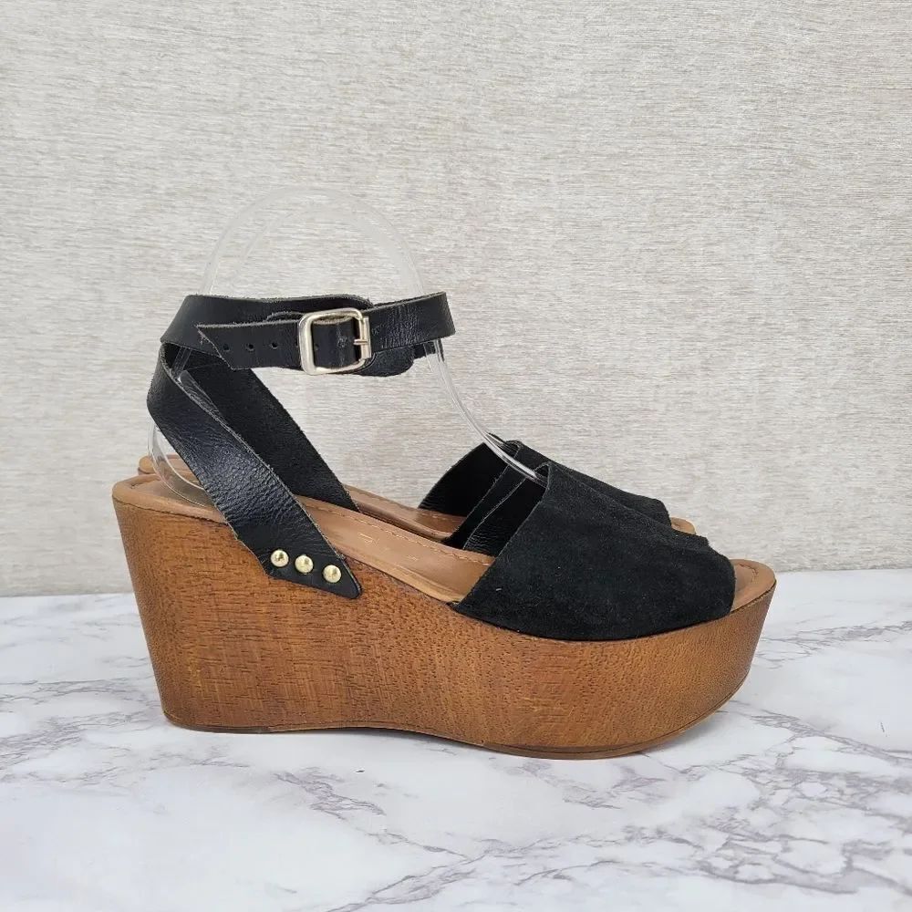 Seychelles Black Suede Platform Wedge Sandals Ankle Wrap Strap